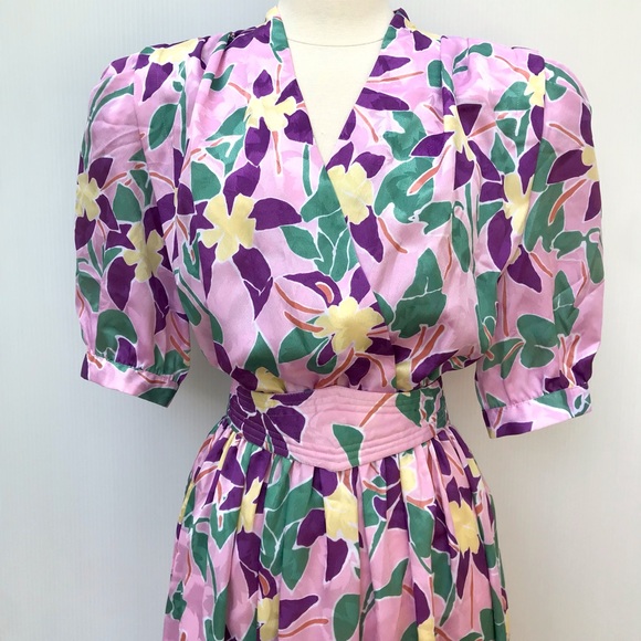 Vintage 80’s pink abstract orchid floral secretary dress - Picture 2 of 9
